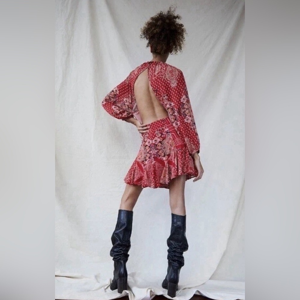 Free People Red Floral Open-Back Ruffle Mini Dress